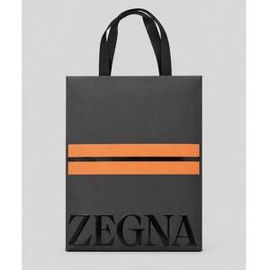 Zegna‎ Black Orange Stripe Embossed Logo Large Paper Shopping Gift Bag 18.5x13.5